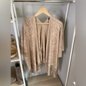Laser cut microsuede fringe poncho